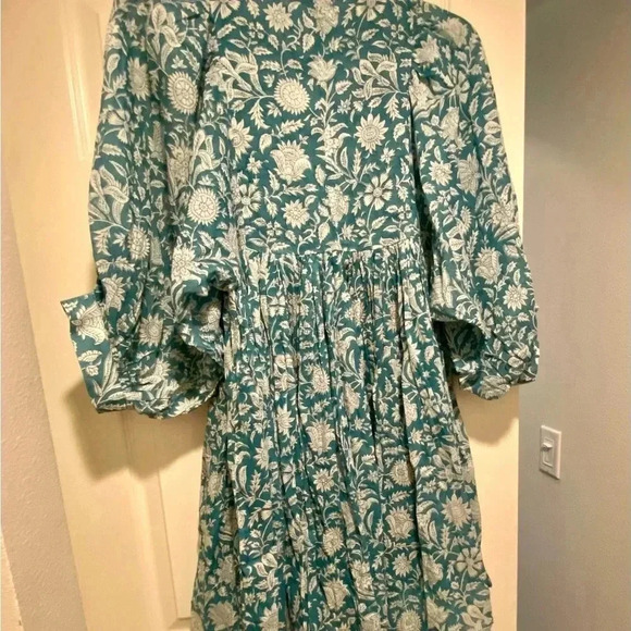 Daughters of India Women’s Dress Flowing Pleated Print turquoise Teal Cotton S - Picture 8 of 11